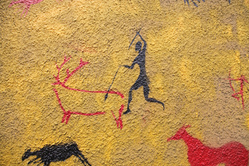 graffiti hombre cazador prehistoria 1608-f14 - obrazy, fototapety, plakaty