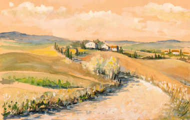Tuscany landscape.Watercolors. - obrazy, fototapety, plakaty
