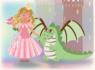 Cute princess with rose and dragon, Happy Saint George card