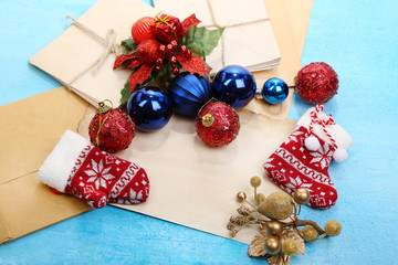 Letter to Santa Claus on wooden table close-up