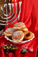 Festive composition for Hanukkah on cloth close-up