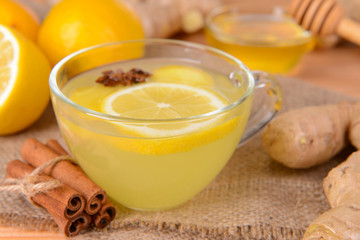 Healthy ginger tea with lemon and honey on table close-up