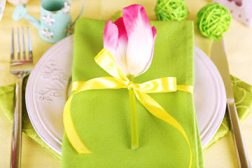 Beautiful spring table setting, top view