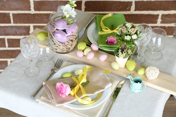 Beautiful holiday Easter table setting, on bright background