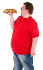 Fat man holding sandwich, isolated on white