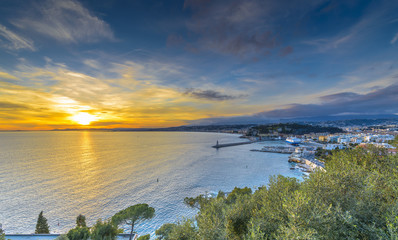 Aerial view of beach in Nice at sunset
