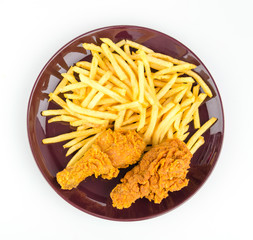 French fries and fried chicken isolated white background