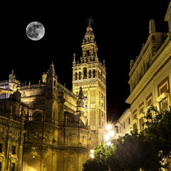 Fototapeta na wymiar Giralda tower at night, Seville (Andalusia), Spain.