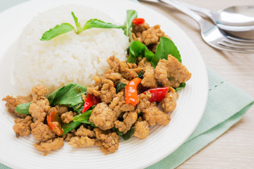 Basil fried rice with pork, Thai food