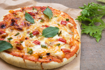 Pizza with tomato sauce and basil