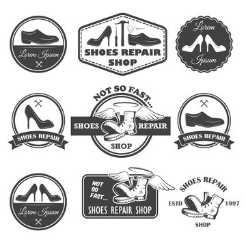 Set Of Vintage Shoes Repair Labels, Emblems And Designed Element