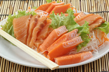 Fresh Salmon seshimi set on the plate