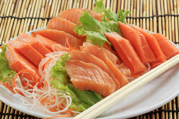 Fresh Salmon seshimi set on the plate