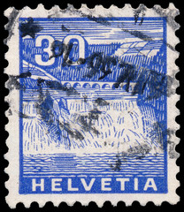 Stamp printed in Switzerland shows Rhine Falls in Schaffhausen