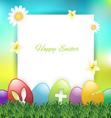 Easter greeting card with colorful eggs on grass