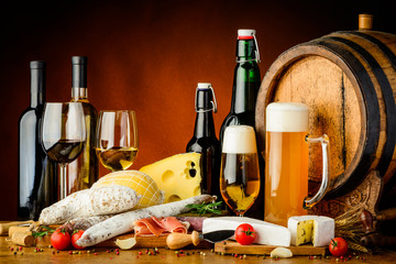 Still life with traditional food, beer and wine