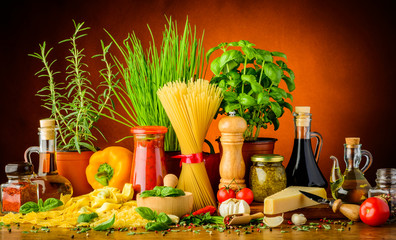 Still life with italian food and cooking ingredients - 63802557