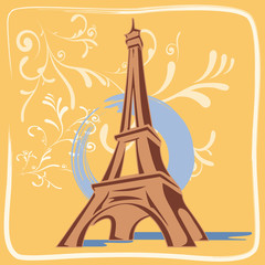 Illustration 4 Dessins à la Main Tour Eiffel Paris avec Décor Feuillage sur Fond Doré - Architecture Moderne