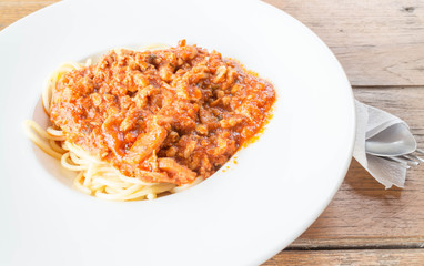 Dish of pasta with tomato pork sauce