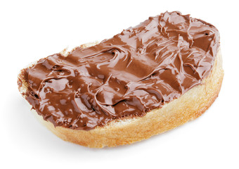 Slice of bread with chocolate hazelnut spread isolated on white