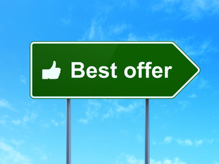Finance concept: Best Offer and Thumb Up on road sign background