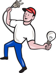 Electrician Hold Electric Plug and Bulb Cartoon