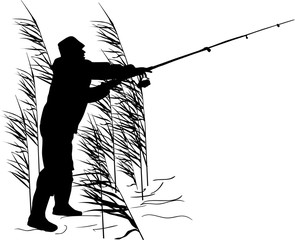 fisherman silhouette in rush isolated on white