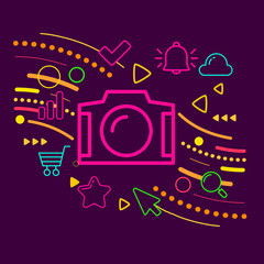 Obraz premium Photo camera on abstract colorful geometric dark background with