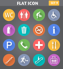 Public Icons set in flat style with long shadows.