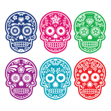 Mexican sugar skull, Dia de los Muertos colorful icons set