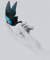 Fototapeta premium butterfly on woman's hand. In motion