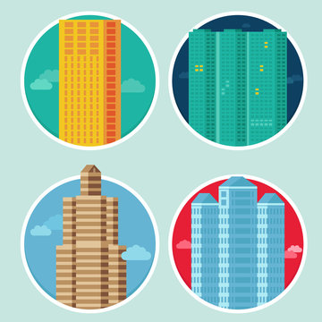 Vector city icons in flat style on round emblems