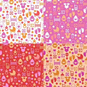 Set of color seamless patterns of baby icons