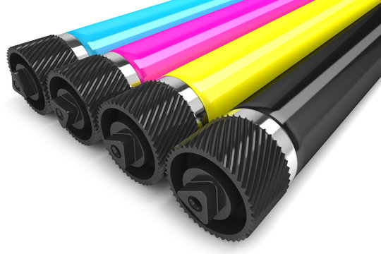 Printer CMYK rollers isolated on white background