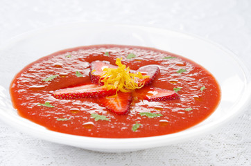 tomato and strawberry gazpacho, horizontal close-up