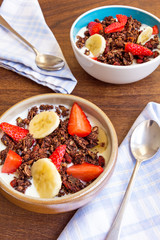 chocolate granola or muesli with yogurt and fruit