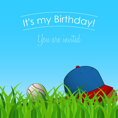 birthday party with baseball cap, ball and bat on grass