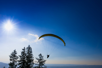 Paraglider over the Zug city, Zugersee and Swiss Alps during a s