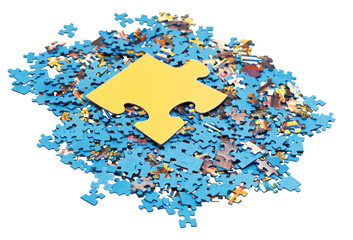 big puzzle piece on pile of disassembled puzzles