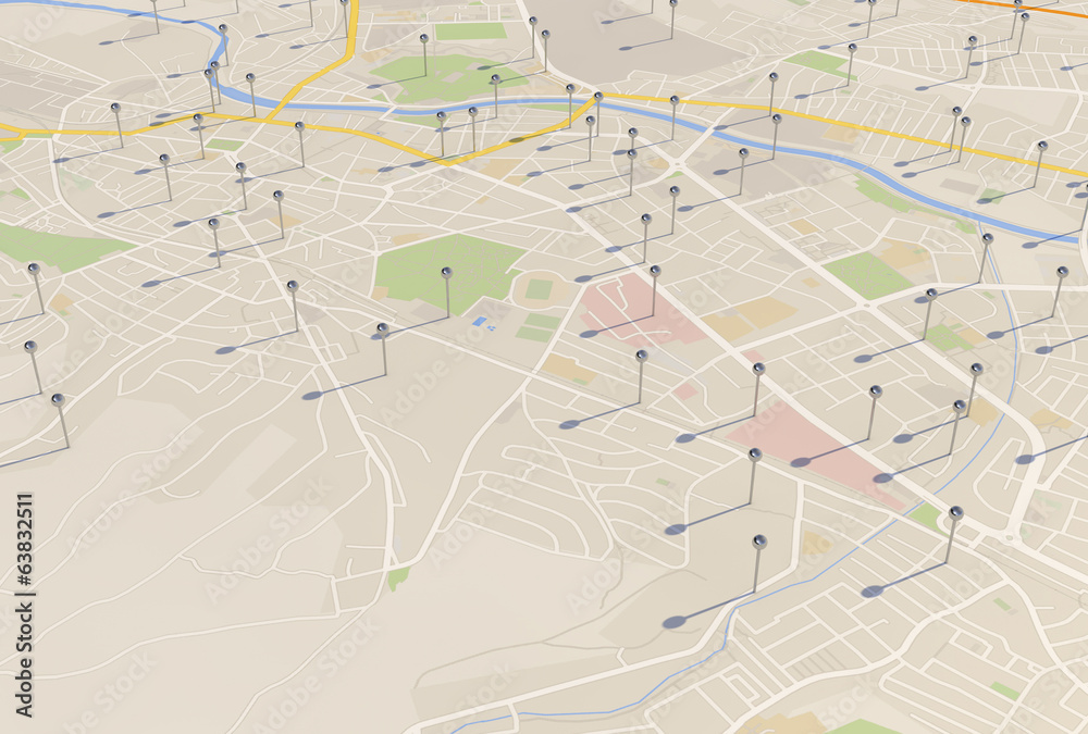 Poster city map with Pin Pointers 3d rendering image