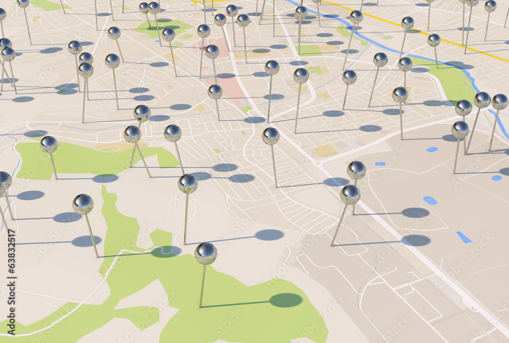 Poster city map with Pin Pointers 3d rendering image