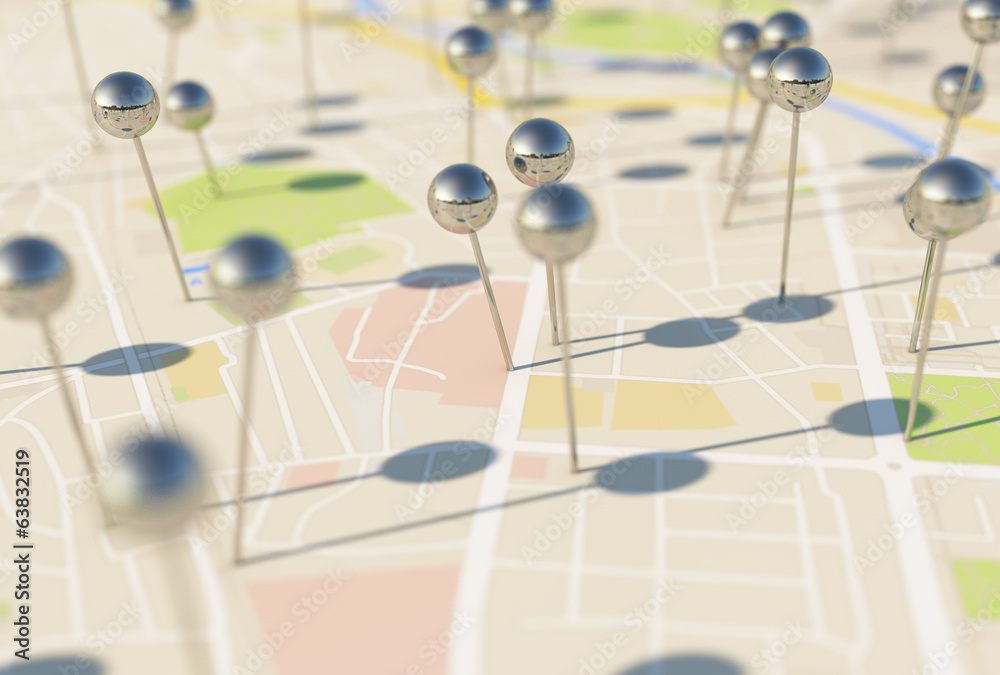 Poster city map with Pin Pointers 3d rendering image