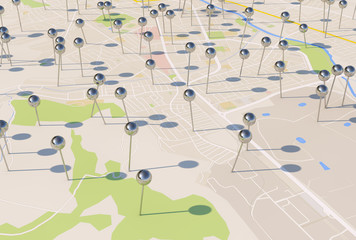 city map with Pin Pointers 3d rendering image