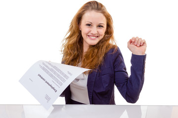 Happy young woman is happy about her employment contract - 63838904