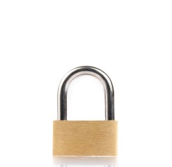metal padlock with reflection on white table