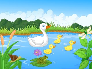 Obraz premium Duck family cartoon swimming