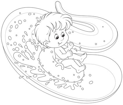 child sliding water slide, black and white clip art preview