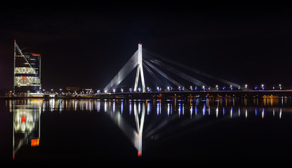 Fototapeta na wymiar Night panorama of Daugava River, Riga, LAtvia