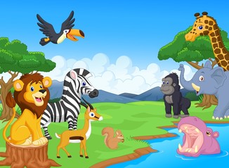 Obraz na płótnie Canvas Cute African safari animal cartoon characters scene