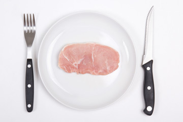 fresh raw pork chop on a plate with fork and knife